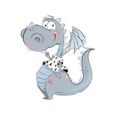 A cute dragon floats in a hat. Drawn in digital.