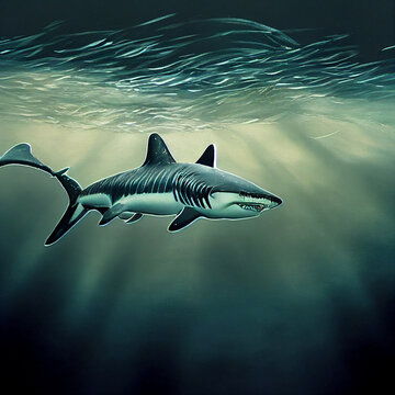  white shark underwater. Swimming is dangerous.