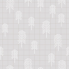 Gray abstract neutral checkered background with white Christmas trees. Vector simple seamless pattern. The print is minimalist, gender neutral