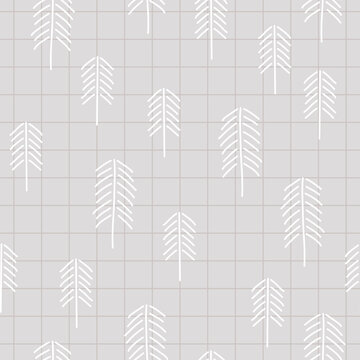 Fototapeta Gray abstract neutral checkered background with white Christmas trees. Vector simple seamless pattern. The print is minimalist, gender neutral