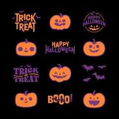 Halloween graphic elements with carved pumpkins and bats. Trick or treat, Boo and spooky designs. Halloween decoration.