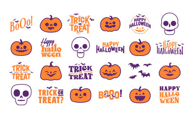 Set of Halloween icons. Vector illustration. Carved pumpkins, skulls and bats. Trick or treat spooky design.