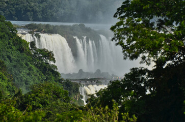 View of Upper and Lower Falls at Iguazu Falls Argentina with Forest