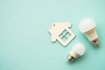 Saving electricity. LED lamp, wire with plug and house.