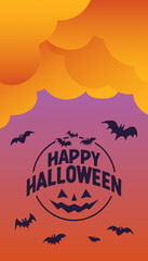 Happy Halloween logo, in vertical background for social media post. Clouds and bats, spooky elements.