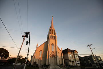 Sunset fades on a historic church in the heart of downtown Eureka, California, USA.