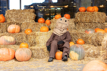 Scary creepy scarecrow with with a bag of straw for a head in overalls sit on stack of hay or straw...