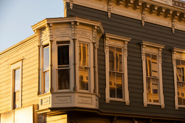 Sunset skyline view of the historic architecture in the downtown core of Eureka, California, USA.