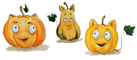 Funny watercolor pumpkins. Painted pumpkin cats. Halloween. Autumn holidays. Set of pumpkins. Clip art. Autumn. Elements for decor.