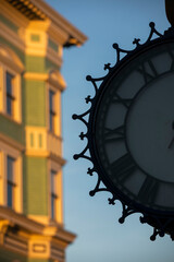 Fototapeta na wymiar Historic clock framed view of downtown Eureka, California, USA.