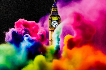BigBen from london in a dynamic explosion of multicolored powder, 3d illustration - obrazy, fototapety, plakaty