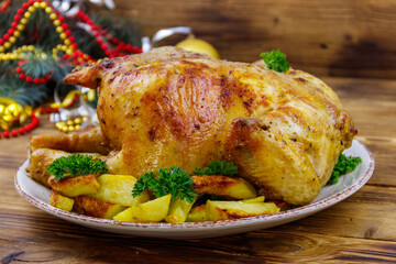 Baked whole chicken with potato and Christmas decorations on a wooden table