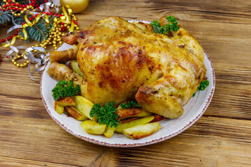 Baked whole chicken with potato and Christmas decorations on a wooden table