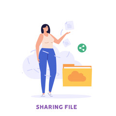 Share file concept. Woman sharing file. Data transfer, transfer of documentation, cloud service, file management, electronic document management. Vector illustration in flat design