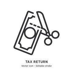 Tax deduction line icon. Concept of tax return, optimization, duty, financial accounting. Flat outline icon. Editable stroke