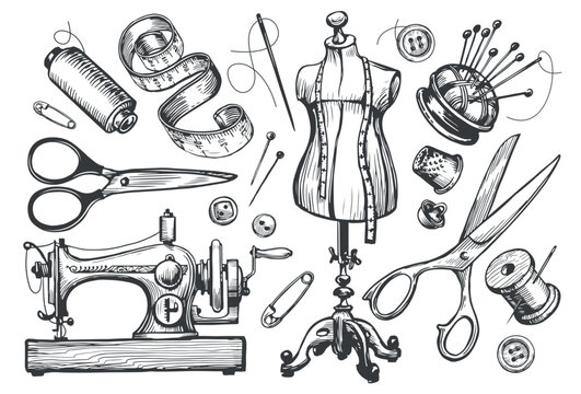 Tailored clothes. Sewing tailor tools set vector hand drawn sketch illustration. Clothing workshop concept
