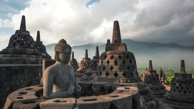 Timelapse view of tourists exploring the ancient ruins of Borobudur, a 9th-century Mahayana Buddhist temple in Magelang Regency near Yogyakarta in Central Java, Indonesia.