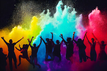 Obraz na płótnie Canvas Group of people jumping in the air. Explosion of multicolored powder. Colleague or friend at a party with great joy. Illustration 3d.
