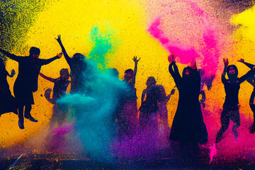Group of people jumping in the air. Explosion of multicolored powder. Happiness to work as a team. Illustration 3d.