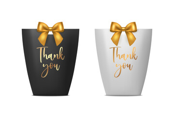 Thank You. Vector 3d Realistic Black and White Paper Gift Bag, Box for Birthday or Party with Golden Bow, Ribbon. Carry Bag for Present Icon Set Isolated on White Background