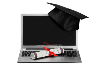 Laptop and diploma scroll and graduation hat - obrazy, fototapety, plakaty