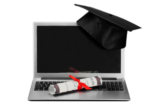 Laptop and diploma scroll and graduation hat - Powered by Adobe