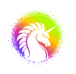 Unicorn head silhouette on Rainbow stripes background. Ciircle dots frame. Fantasy Horse illustration. Vector art for emblem, icon, apparel print, mascot, label, poster, textile, modern decor.