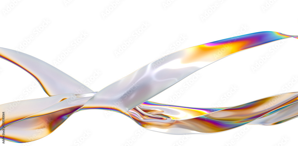 Poster 3d render round podium with glass wavy ribbon on water. abstract geometric background in holographic