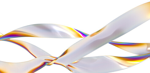 3d render round podium with glass wavy ribbon on water. Abstract geometric background in holographic colors.