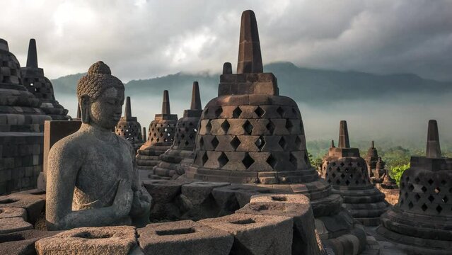 Timelapse view of the ancient ruins of Borobudur, a 9th-century Mahayana Buddhist temple in Magelang Regency near Yogyakarta in Central Java, Indonesia.