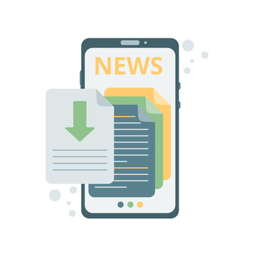 Mobile news app, digital worldwide media. Newspaper with news in smartphone. Vector illustration.