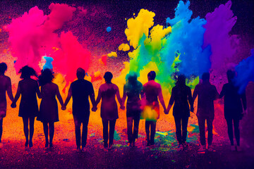 Concept of friendship and solidarity in friendship or at work. Explosion of color and happiness. Illustration 3d