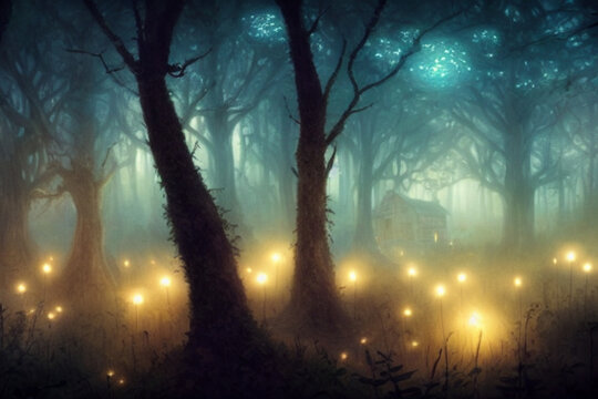 Fairy gloomy forest with fireflies. High quality illustration