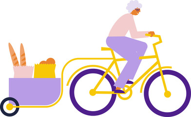 Elderly woman riding cargo bike with goods. Grandmother makes shopping with cart bicycle. Flat illustration