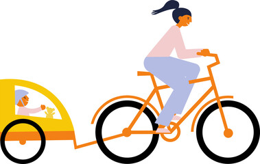 Woman rides bike with her child who sits in a separated child sit. Flat illustration