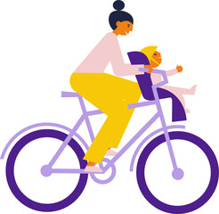 Mother rides bike with her child who sits in child sit infront of her on a  handlebar. Flat illustration