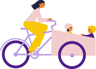 Woman drives cargo bike with her children who sits in a separated child sit bakfiets. Flat illustration