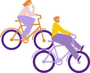 Fototapeta na wymiar Young couple riding bicycles. Happy man and lady have fun on bikes. Flat illustration