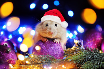 Christmas card with a rat wearing Santa hat