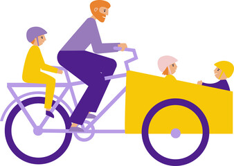 Man riding cargo bike with children. Father carries three children in bakfiets bicycle. Flat illustration