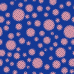 Abstract seamless pattern with textural pink different balls on blue.Illustration of overlapping textural dots pattern for background abstract ornament,flyer,banner,textile,fabric,wrapping paper,print