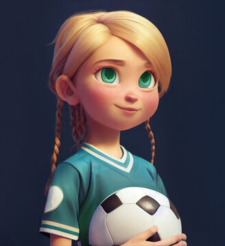 braided blond hair young beautiful generic girl character portrait in football soccer uniform holding a ball, digital painting in 3D cartoon movies style