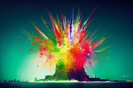 Statue of liberty destroyed in a colored powder explosion in New York. Illustration 3d artistic