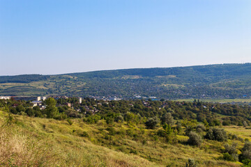 The hilly nature of Eastern Europe. Background with copy space for text, toned