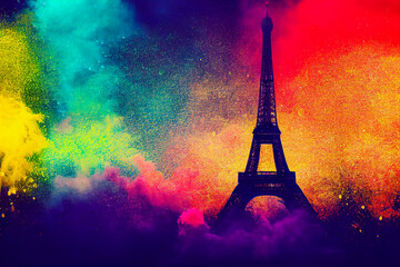 Explosion of powder fireworks on the Eiffel Tower in Paris, for the French national holiday. Illustration 3d