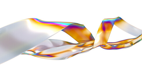 Fototapeta na wymiar Abstract 3d render. Glass ribbon on water. Holographic shape in motion. Iridescent digital art for banner background, wallpaper. Transparent