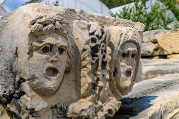 Ancient sculptures in the ruins of the acropolis in Demre in Turkey in the province of Antalya, the ancient city of Myra