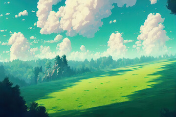 Fototapeta na wymiar Ghibli green field withhill and forest background 