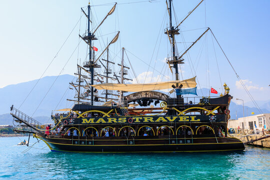 Pleasure yacht for tourists in the seaport. Background. August 9, 2022 Kemer, Antalya province, Turkey