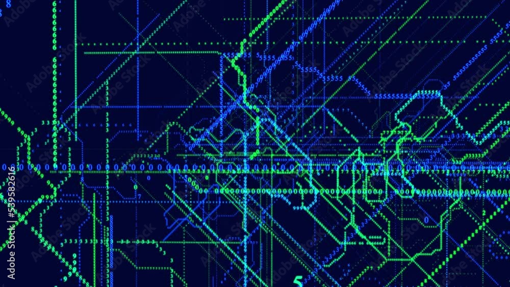 Poster symbols form lines, lines form grid. vj loop hologram abstract bg blue green sci fi theme, informati